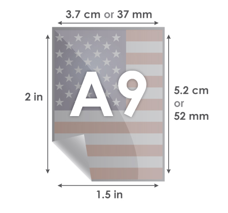 Paper A9: 37 x 52 mm - 3.7 x 5.2 cm - 2 x 1.5 inches